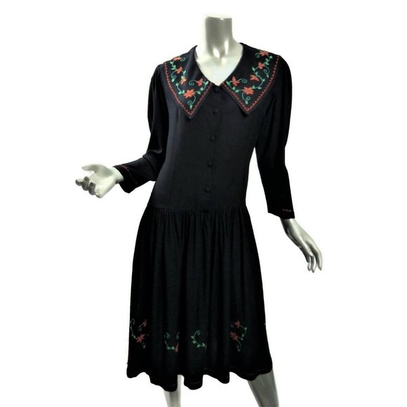 Passport Dresses & Skirts - Vintage 90s Passports Black Boho Drop Waist Dress Draping Collar Embroidery - S